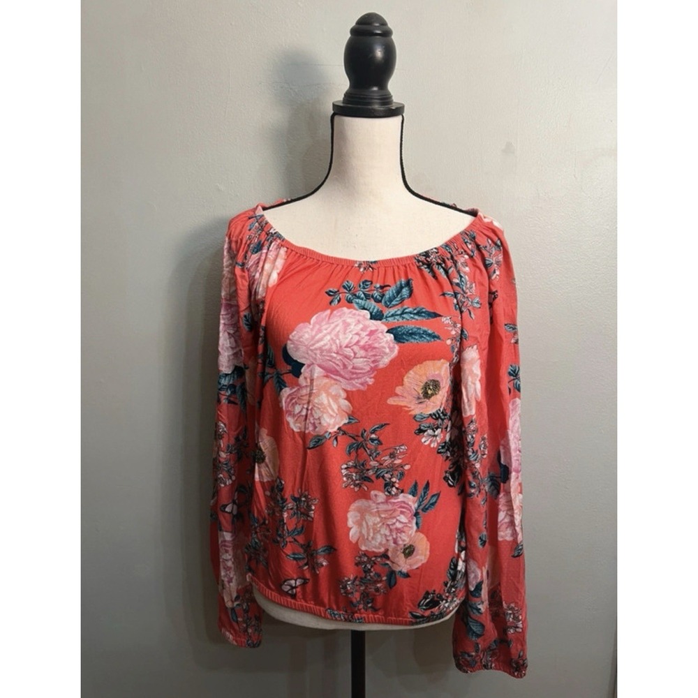 Anthropologie Floral Peasant Blouse Medium Boho Off Shoulder Coral Top